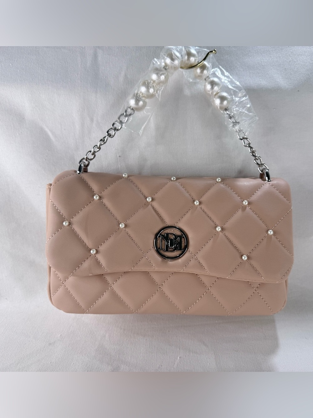 Quilted Pearl Accent Crossbody Bag in Blush Pink By Badgley Mischka